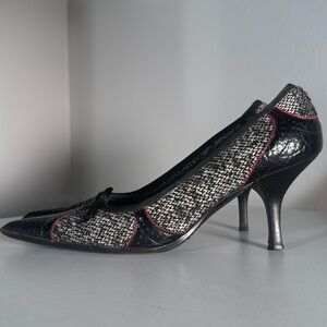 Prada Vintage Tweed & Leather Pointed Toe Kitten Heels